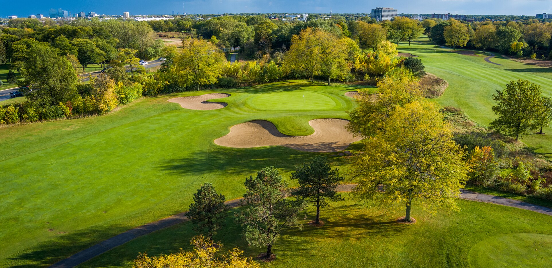 Bird's eye view of golf course with bunkers